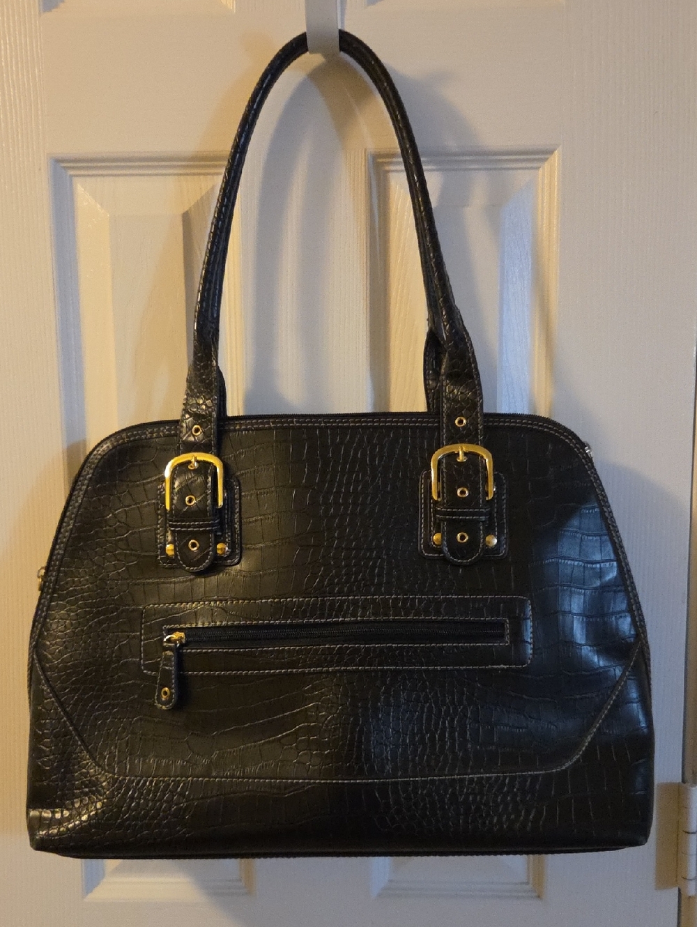 East 5th Classic Black Croc-Embossed Tote Bag with Gold Hardware